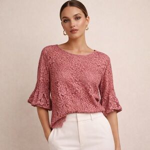 Nanette Lepore XL Pink Floral Lace Bell Sleeve Top Elegant Designer Blouse